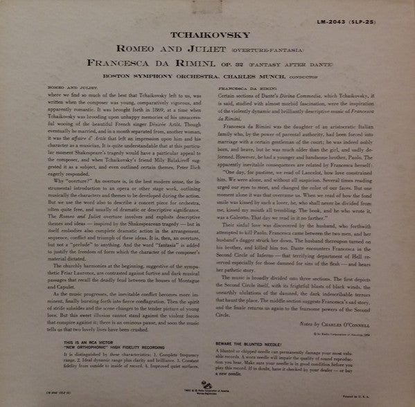 Pyotr Ilyich Tchaikovsky : Boston Symphony Orchestra, Charles Munch : Romeo & Juliet And Francesca Da Rimini  (LP, Album, Mono, Ind)