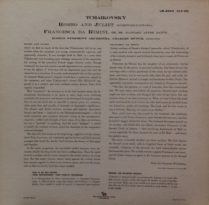 Pyotr Ilyich Tchaikovsky : Boston Symphony Orchestra, Charles Munch : Romeo & Juliet And Francesca Da Rimini  (LP, Album, Mono, Ind)