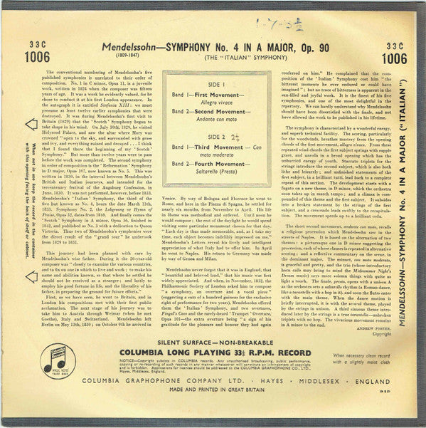 Felix Mendelssohn-Bartholdy, Sir Thomas Beecham Conducting The Royal Philharmonic Orchestra : Symphony No. 4 ("Italian") Op. 90 (10", Mono)