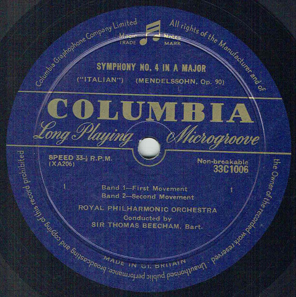 Felix Mendelssohn-Bartholdy, Sir Thomas Beecham Conducting The Royal Philharmonic Orchestra : Symphony No. 4 ("Italian") Op. 90 (10", Mono)