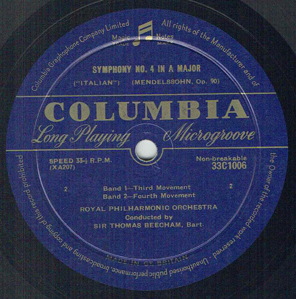 Felix Mendelssohn-Bartholdy, Sir Thomas Beecham Conducting The Royal Philharmonic Orchestra : Symphony No. 4 ("Italian") Op. 90 (10", Mono)