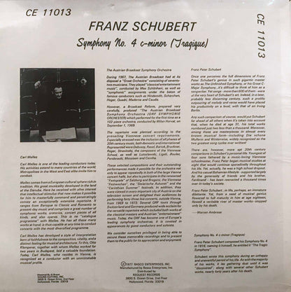 Franz Schubert, ORF Symphonieorchester = ORF Symphonieorchester Conducted By Carl Melles : Symphony No. 4 C-Minor (Tragique) (LP, Album)