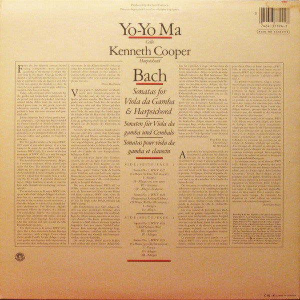 Johann Sebastian Bach / Yo-Yo Ma, Kenneth Cooper : Sonatas For Viola Da Gamba & Harpsichord (LP)