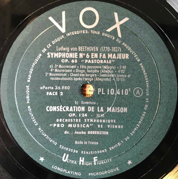 Ludwig van Beethoven, Vienna Pro Musica Orchestra, Jascha Horenstein : Symphonie No. 6 In F Op. 68 "Pastoral" / Overture In C Op. 124 "The Consecration Of The House" (Die Weihe Des Hauses) (LP, Clu)