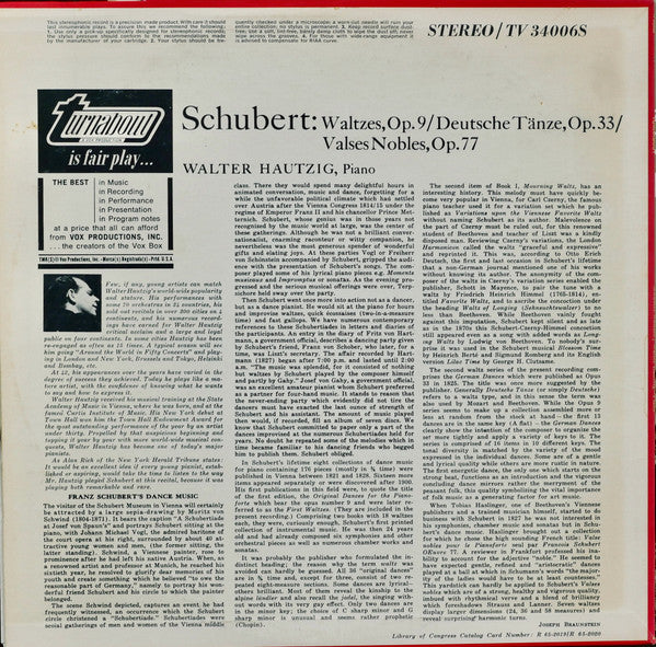 Franz Schubert / Walter Hautzig : 39 Waltzes, Op. 9 / Sixteen German Dances, Op. 33 / Twelve Valses Nobles, Op. 77 (LP)