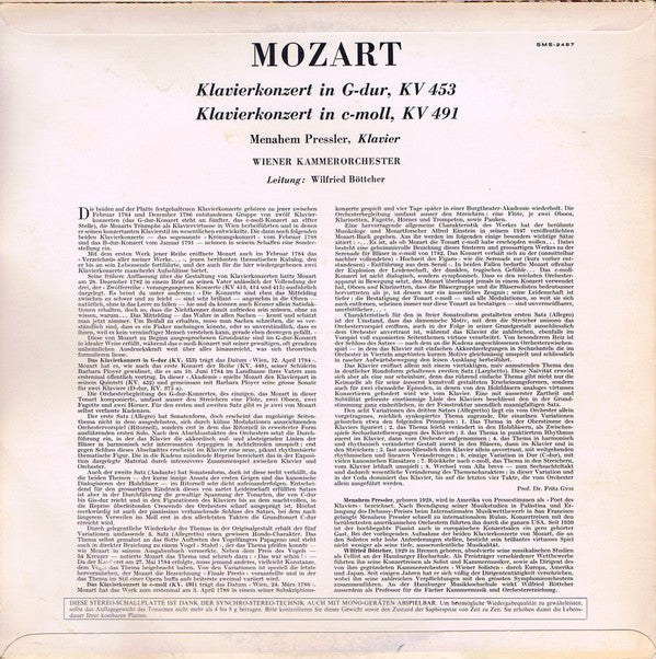 Wolfgang Amadeus Mozart — Menahem Pressler , Klavier - Wiener Kammerorchester - Leitung: Wilfried Boettcher : Klavierkonzerte - In G-dur, K. 453 / In C-moll, K. 491 (LP)