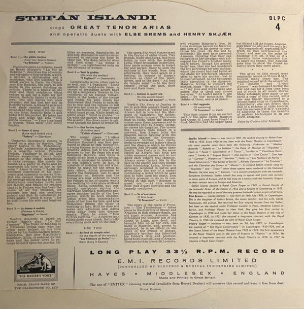 Stefan Islandi : Stefan Islandi Syngur Frægar Tenóraríur & Dúetta Með Else Brems & Henry Skjær (10")