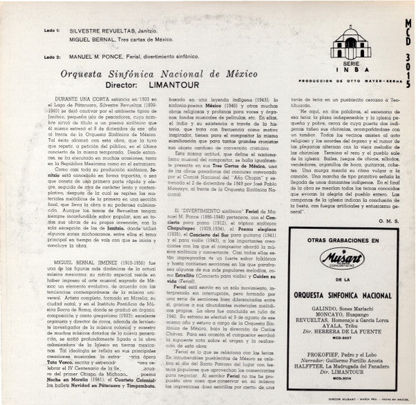 José Yves Limantour, Orquesta Sinfónica Nacional De México : Revueltas Janitzio, Bernal Tres Carta de Mexico, Ponce Ferial Orquesta Sinfonica Nacional - Limantour, director (LP, Album, RE)