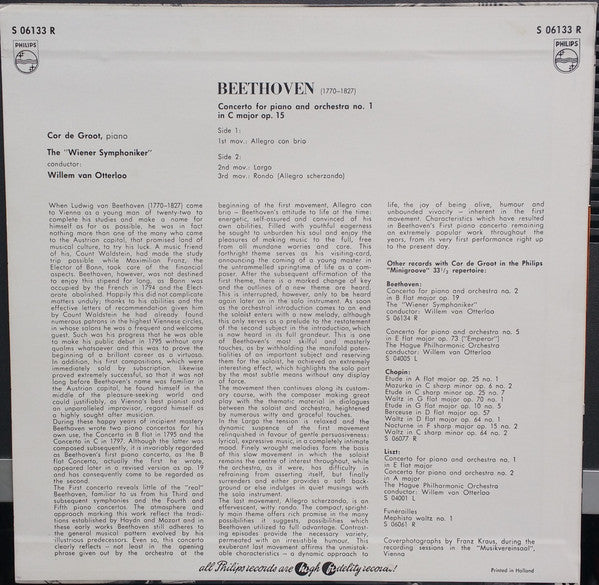 Ludwig van Beethoven, Cor de Groot, Wiener Symphoniker conducted by Willem Van Otterloo : Concerto For Piano And Orchestra No. 1 In C Major Op. 15 (10")