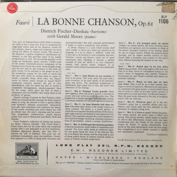 Gabriel Fauré, Dietrich Fischer-Dieskau, Gerald Moore : La Bonne Chanson (10", MiniAlbum, Mono)