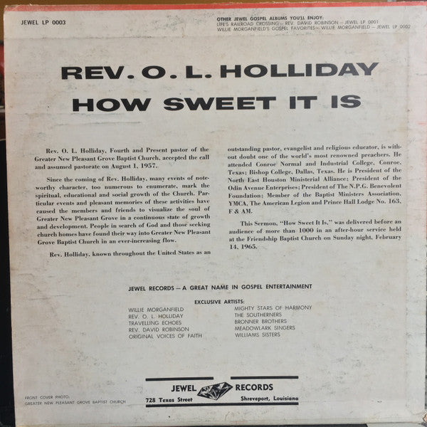 Rev. O.L. Holliday : How Sweet It Is (LP, Album, Mono)