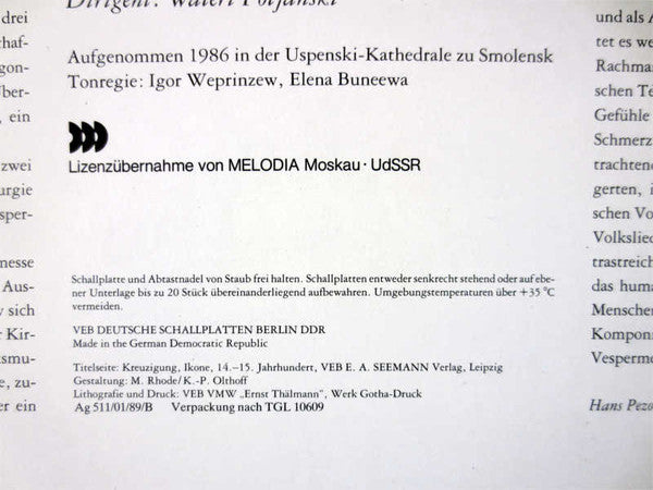 Sergei Vasilyevich Rachmaninoff - The USSR Ministry Of Culture Chamber Choir, Valery Polyansky : Vespermesse Op. 37 (LP)