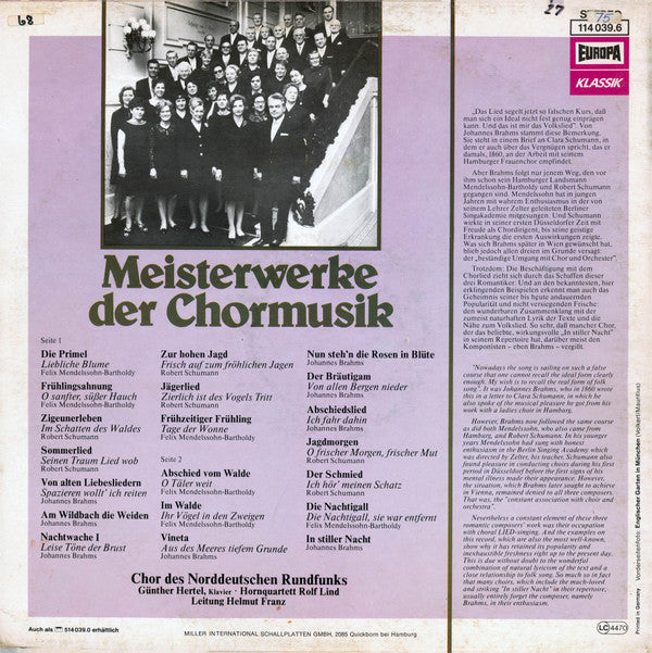 Robert Schumann, Johannes Brahms, Felix Mendelssohn-Bartholdy : Meisterwerke der Chormusik (LP)