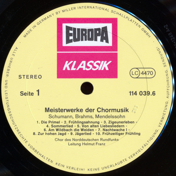 Robert Schumann, Johannes Brahms, Felix Mendelssohn-Bartholdy : Meisterwerke der Chormusik (LP)