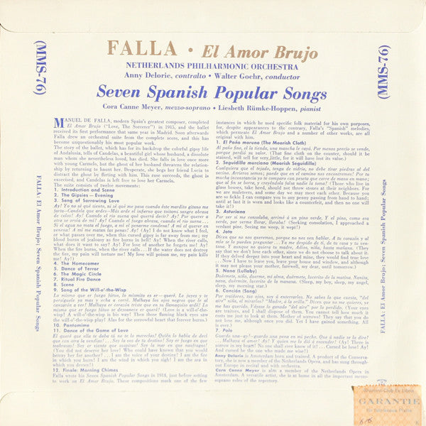 Manuel De Falla : El Amor Brujo / Seven Spanish Popular Songs (10")