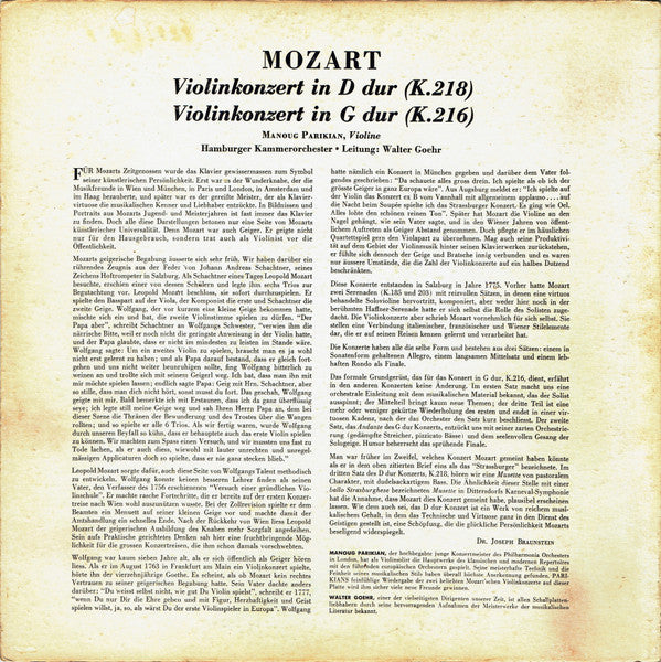 Wolfgang Amadeus Mozart, Manoug Parikian, Hamburger Kammerorchester / Walter Goehr : Violinkonzert Nr. 3 In G Dur, K. 216 / Violinkonzert Nr. 4 In D Dur, K. 218 (LP, Mono)