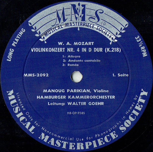 Wolfgang Amadeus Mozart, Manoug Parikian, Hamburger Kammerorchester / Walter Goehr : Violinkonzert Nr. 3 In G Dur, K. 216 / Violinkonzert Nr. 4 In D Dur, K. 218 (LP, Mono)