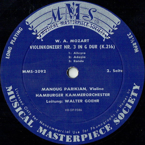 Wolfgang Amadeus Mozart, Manoug Parikian, Hamburger Kammerorchester / Walter Goehr : Violinkonzert Nr. 3 In G Dur, K. 216 / Violinkonzert Nr. 4 In D Dur, K. 218 (LP, Mono)