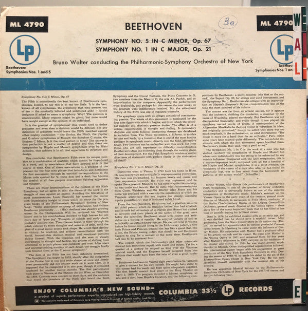 Ludwig van Beethoven, Bruno Walter Conducting The New York Philharmonic Orchestra : Symphony No. 5 In C Minor, Symphony No. 1 In C Major (LP, Comp)