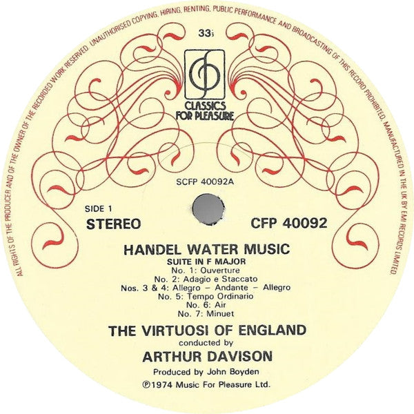 Georg Friedrich Händel, The Virtuosi Of England Conducted By Arthur Davison : Water Music (Complete) (LP)