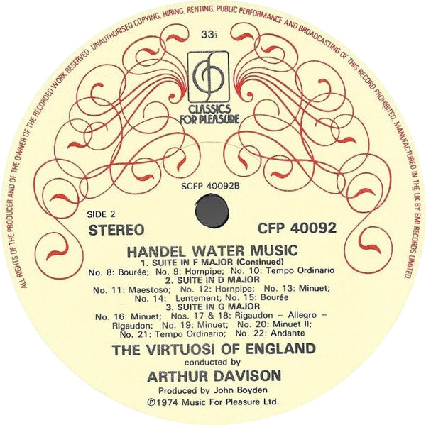 Georg Friedrich Händel, The Virtuosi Of England Conducted By Arthur Davison : Water Music (Complete) (LP)