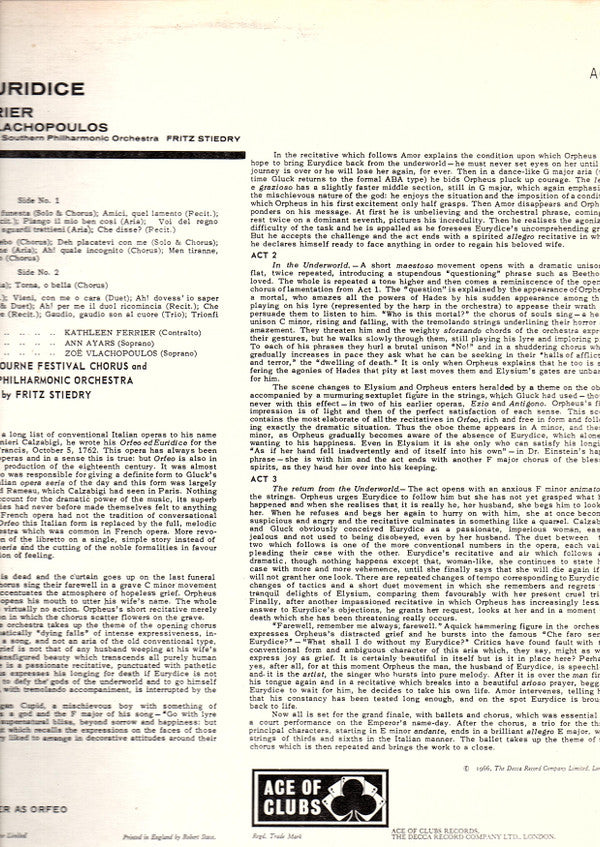 Christoph Willibald Gluck - Kathleen Ferrier / Ann Ayars / Zoë Vlachopoulos / Glyndebourne Festival Chorus / Southern Philharmonic Orchestra / Fritz Stiedry : Orfeo Ed Euridice (Abridged Version) (LP, Mono, Gre)