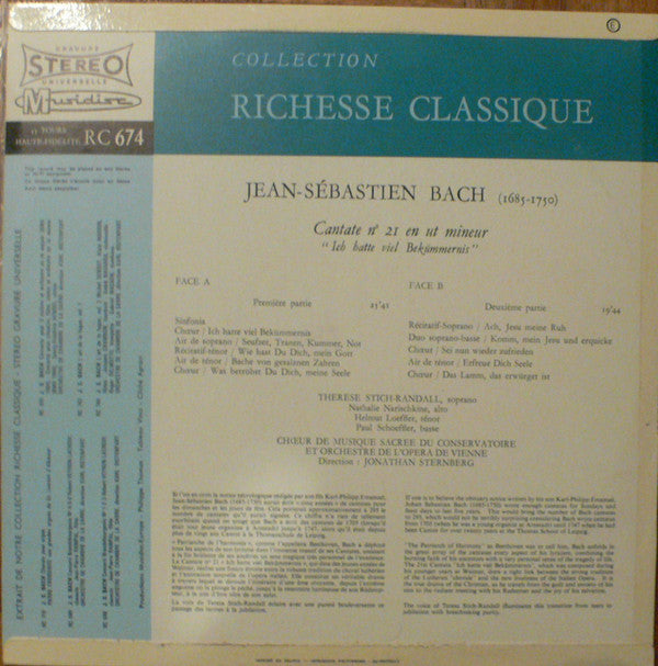 Johann Sebastian Bach - Teresa Stich-Randall, Nathalie Narischkine, Hans Loeffler, Paul Schöffler, Wiener Akademie Kammerchor Et Orchester Der Wiener Staatsoper, Jonathan Sternberg : Cantate N° 21 En Ut Mineur "Ich Hatte Viel Bekümmernis" (LP, RE)