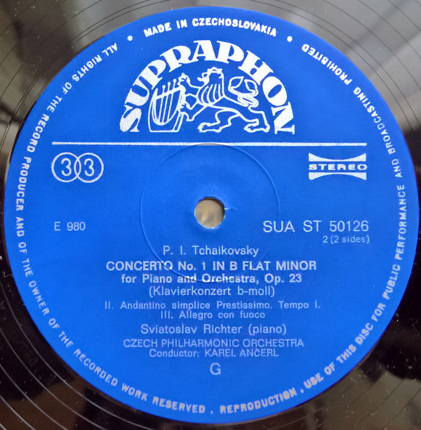 Pyotr Ilyich Tchaikovsky - Pian Sviatoslav Richter, The Czech Philharmonic Orchestra, Karel Ančerl : Concerto In B Flat Minor (LP, RE)