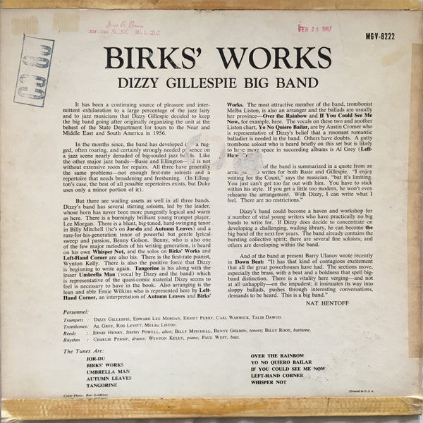 Dizzy Gillespie Big Band : Birks' Works (LP, Album, Mono, RP)