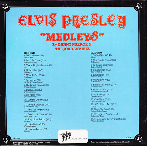 Danny Mirror & The Jordanaires : Elvis Presley "Medleys" (LP, Comp)