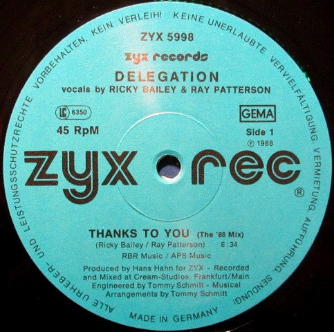 Delegation : Thanks To You (The '88 Mix) (12")