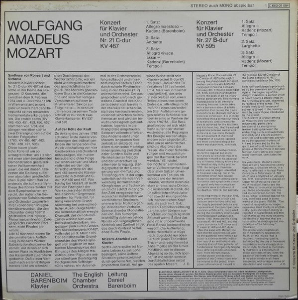 Wolfgang Amadeus Mozart, Daniel Barenboim, English Chamber Orchestra : Klavierkonzerte Nr. 21 C-dur KV467 und Nr. 27 B-dur KV 595 (LP)