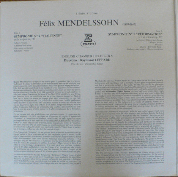 Felix Mendelssohn-Bartholdy - English Chamber Orchestra, Raymond Leppard : Symphonie N°4 "Italienne" En La Majeur Op.90 / Symphonie N°5 "Réformation" En Ré Mineur Op.107 (LP, RP, Gat)