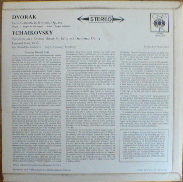 Antonín Dvořák / Pyotr Ilyich Tchaikovsky - Leonard Rose, Eugene Ormandy, The Philadelphia Orchestra : Cello Concerto / Variations On A Rococo Theme (LP)