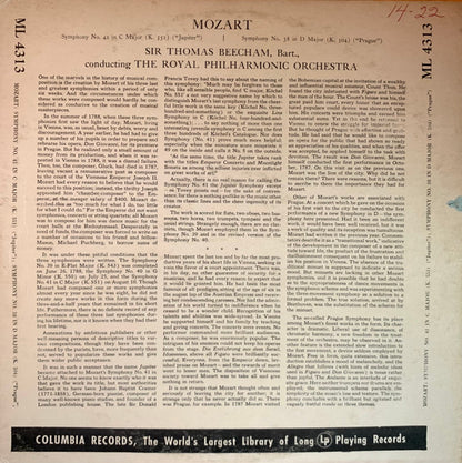 Wolfgang Amadeus Mozart : Sir Thomas Beecham Conducting The Royal Philharmonic Orchestra : Symphony No. 41 in C Major (K.551) "Jupiter" / Symphony 38 In D Major (K.504) "Prague" (LP, Album, Mono, RE)