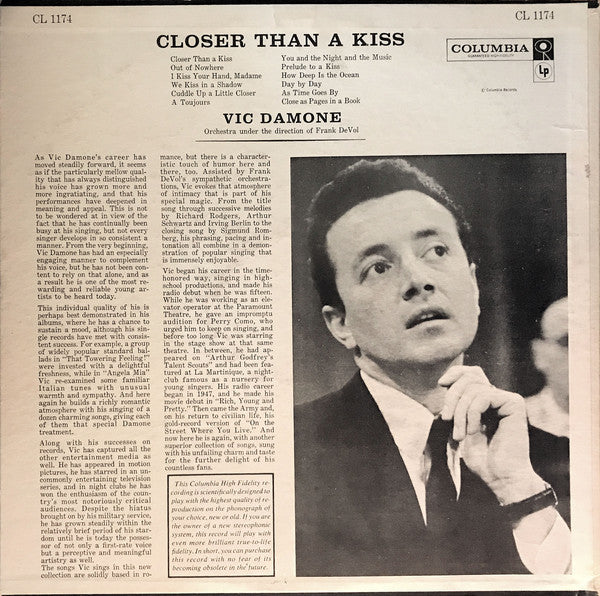 Vic Damone : Closer Than A Kiss (LP, Mono, RP)