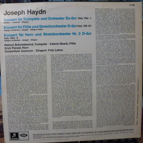 Joseph Haydn - Hellmut Schneidewind, Valerie Noack, Erich Penzel, Consortium Musicum (2) Dirigent Fritz Lehan : Trompetenkonzert Es-Dur / Flötenkonzert D-Dur / Hornkonzert D-Dur Nr. 2 (LP)