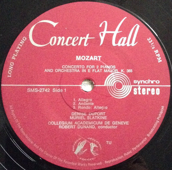 Wolfgang Amadeus Mozart, Denise Duport, Muriel Slatkine, Oswald Russell, Collegium Academicum De Genève, Robert Dunand : Konzert Für Zwei Klaviere In Es-Dur, KV 365, Konzert Für Drei Klaviere In F-Dur, KV 242 (LP, Album)