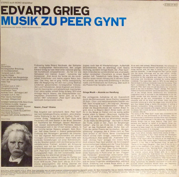 Edvard Grieg, Sir John Barbirolli, Hallé Orchestra, The Ambrosian Singers, Sheila Armstrong : Peer Gynt (LP)