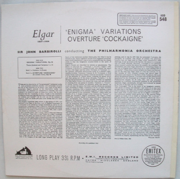 Sir Edward Elgar, Sir John Barbirolli, Philharmonia Orchestra : Enigma Variations / Cockaigne Overture (LP, RE)