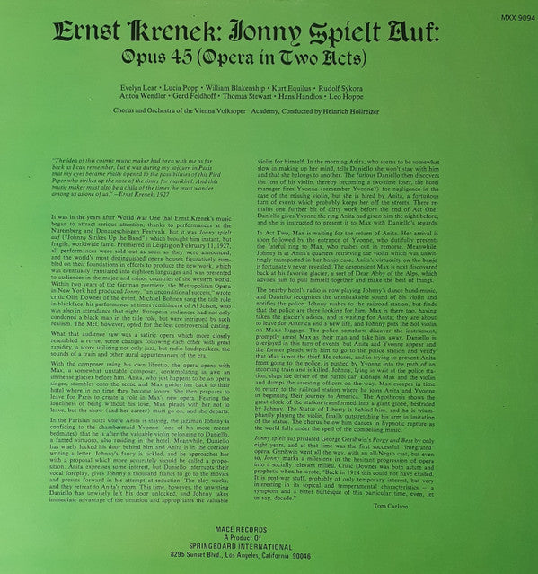 Ernst Krenek, Chor Der Wiener Volksoper And Wiener Volksopernorchester : Jonny Spielt Auf - Opus 45 (Opera In Two Acts) (LP, Ste)