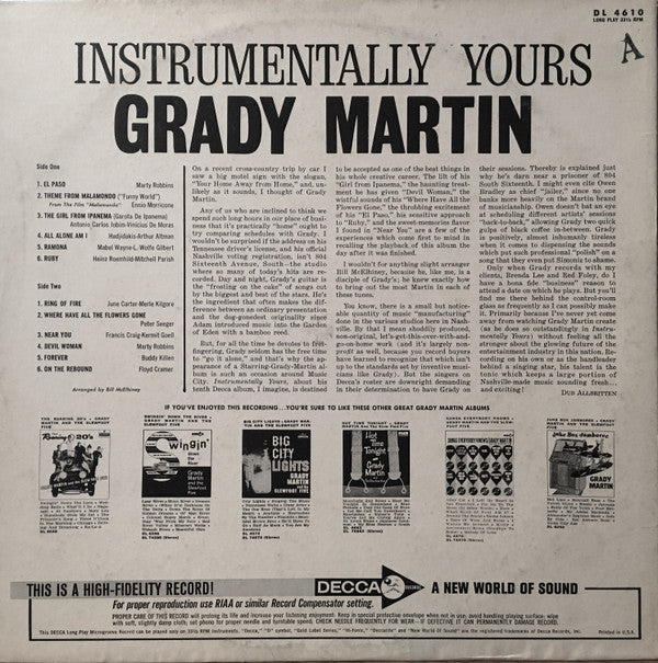 Grady Martin : Instrumentally Yours (LP, Album, Mono, Promo)