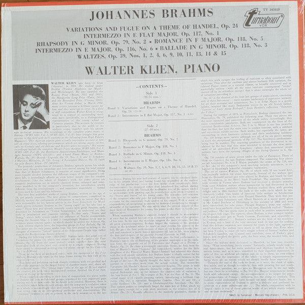 Johannes Brahms, Walter Klien : Brahms: Intermezzi, Rhapsody, Romance Etc. (LP, Album)