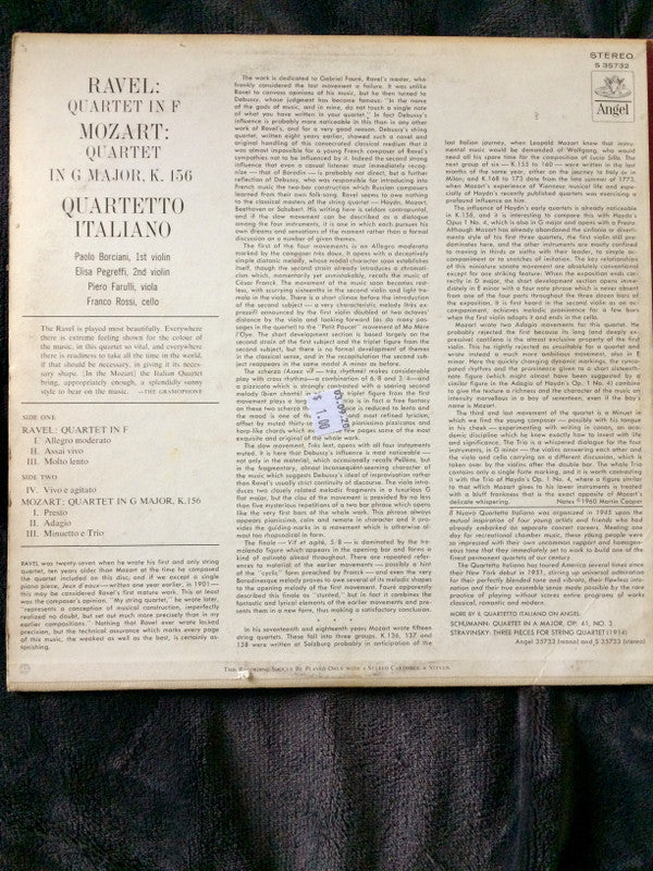 Wolfgang Amadeus Mozart / Maurice Ravel - Quartetto Italiano : Quartet In F, Quartet In G Major, K.156 (LP)