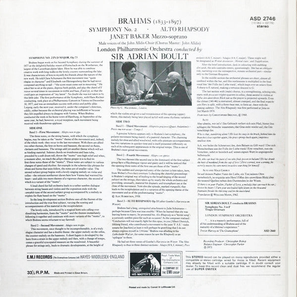 Johannes Brahms, Janet Baker And John Alldis Choir With The London Philharmonic Orchestra, Sir Adrian Boult : Symphony No.2 / Alto Rhapsody (LP, RP)