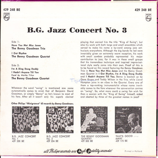 Benny Goodman : B.G. Jazz Concert No.3 (7", EP)