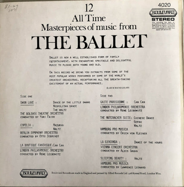 Bolshoi Theatre Orchestra, Berliner Symphoniker, The London Philharmonic Orchestra, The Hamburg Pro Musica, Wiener Konzertorchester : 12 All Time Masterpieces Of Music From The Ballet (LP, Comp)