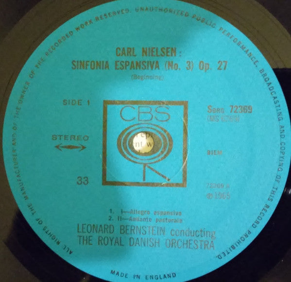 Carl Nielsen, Leonard Bernstein, Det Kongelige Kapel, Ruth Guldbæk, Niels Møller : Symphony No. 3, Op. 27 "Espansiva" (LP, Album)