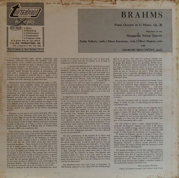 Johannes Brahms, The Hungarian Quartet, Georges Solchany : Piano Quartet In G Minor, Op.25 (LP)