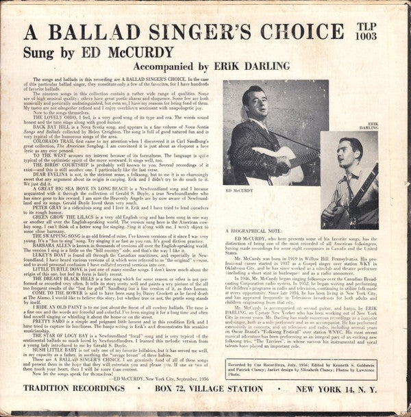 Ed McCurdy : A Ballad Singer's Choice (LP, Album, Mono, RP)